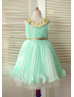 Mint Pleated Chiffon With Peter Pan Gold Sequin Collar Knee Length Flower Girl Dress